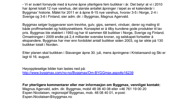 Byggmax åpner tre nye varehus i Norge
