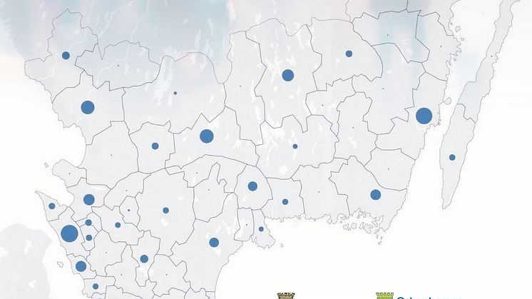 Kartan visar var Sydsveriges nya jobb skapas. Statistiken kommer från SCB och avser sysselsättningstillväxten i näringslivet 2013-2016 som andel av hela Sydsverige