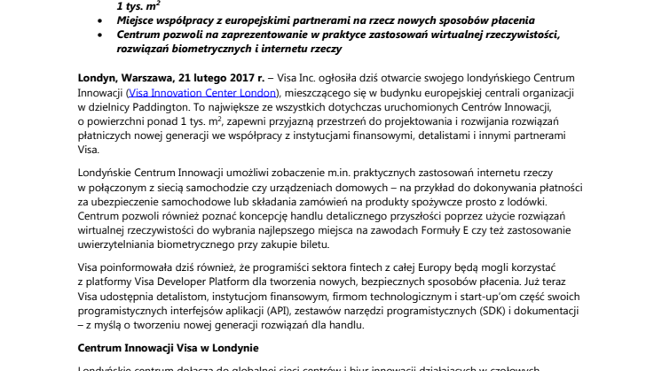 Visa otwiera nowe Centrum Innowacji w Londynie i udostępnia partnerom w Europie swoją platformę dla deweloperów