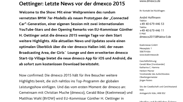 BMW-Weltpremiere, YouTube-Stars & Günther Oettinger: Letzte News vor der dmexco 2015