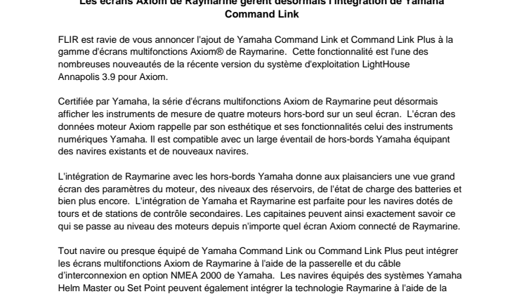 Les écrans Axiom de Raymarine gèrent désormais l'intégration de Yamaha Command Link 