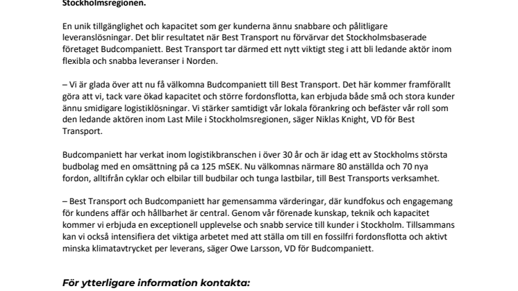 Förstärker rollen som ledande inom Last Mile i Stockholm: Best Transport och Budcompaniett går samman