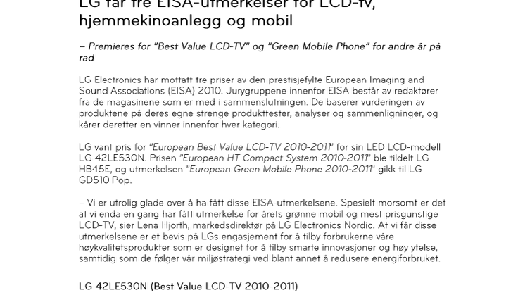 LG får tre EISA-utmerkelser for LCD-tv, hjemmekinoanlegg og mobil