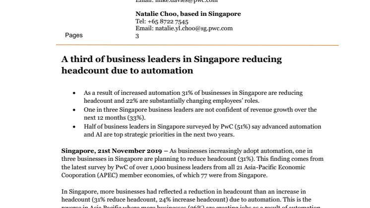 A third of business leaders in Singapore reducing headcount due to automation