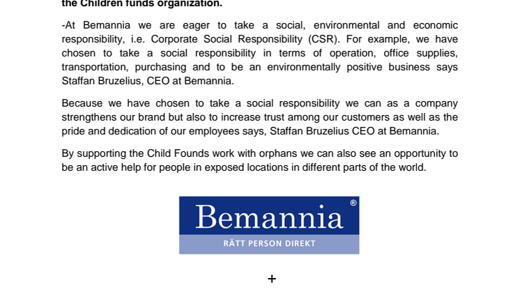 Bemannia supports the Children Fund organization by sponsoring