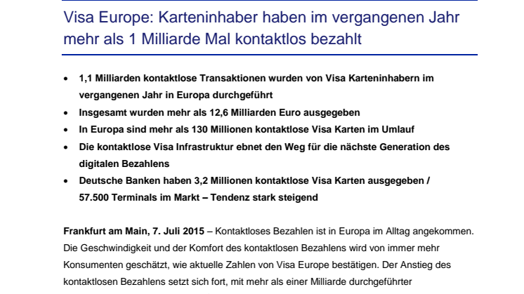 Visa Europe: Karteninhaber haben im vergangenen Jahr mehr als 1 Milliarde Mal kontaktlos bezahlt 