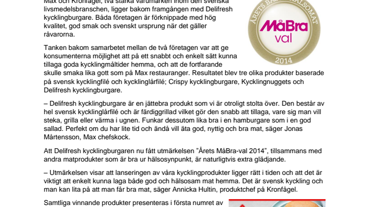 Max och Kronfågels kycklingburgare får utmärkelse