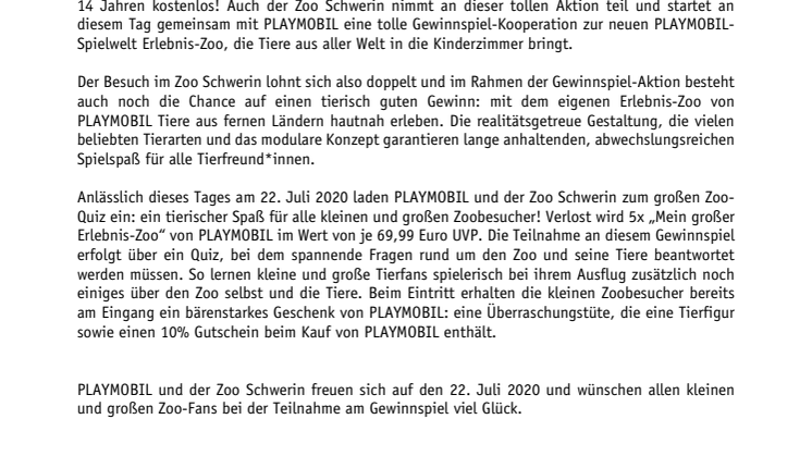 Freier Eintritt in alle Zoos in Mecklenburg-Vorpommern: PLAYMOBIL und der Zoo Schwerin laden zum großen Zoo-Quiz ein