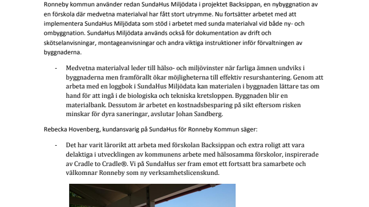 Ronneby kommun har valt SundaHus Miljödata för att fördjupa sitt arbete med Cradle to Cradle®. 