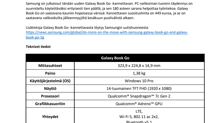 Samsungin PC-valikoima laajenee uudella Galaxy Book Go -kannettavalla