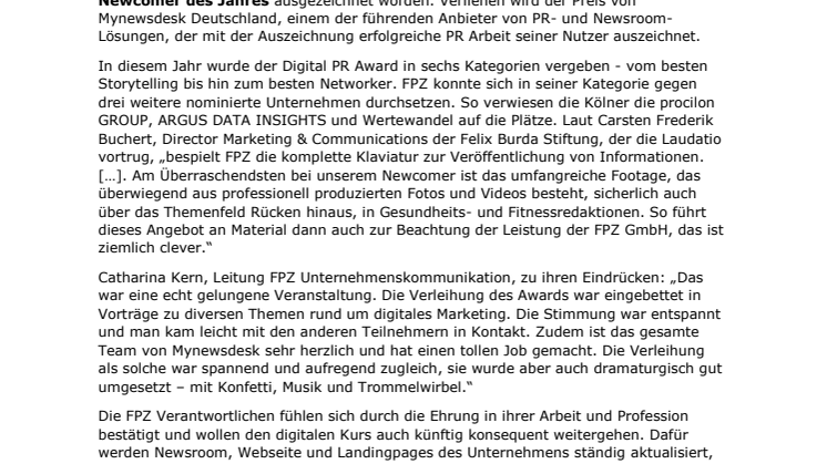 FPZ gewinnt Digital PR Award als Newcomer des Jahres