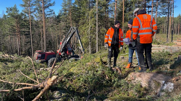 Elever och lärara med skogsmaskiner.