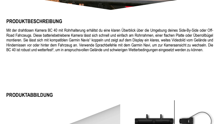 Datenblatt Garmin BC40 mit Rohrhalterung