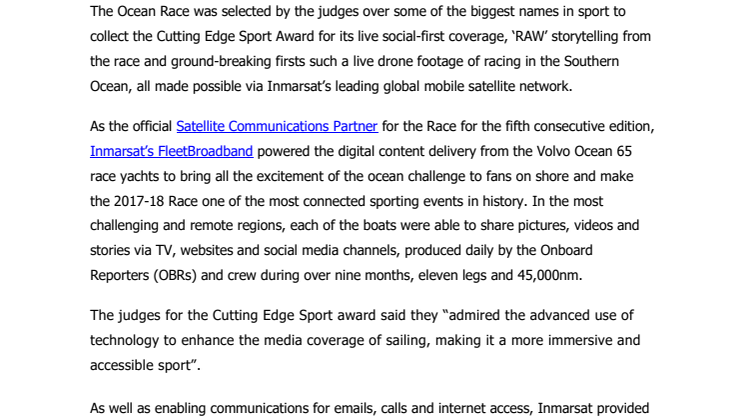 Inmarsat connectivity helps deliver BT Sport Industry Award for The Ocean Race