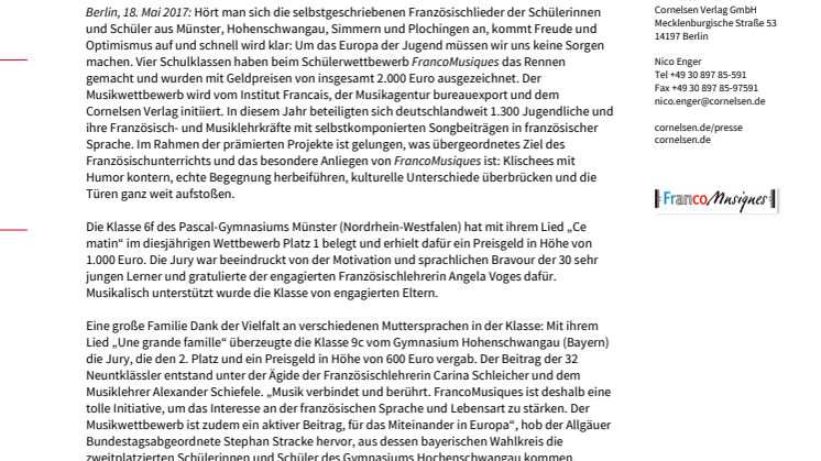 Schulklassen aus Münster, Hohenschwangau, Simmern und Plochingen gewinnen beim Französischwettbewerb FrancoMusiques mit selbstgeschriebenen Chansons 