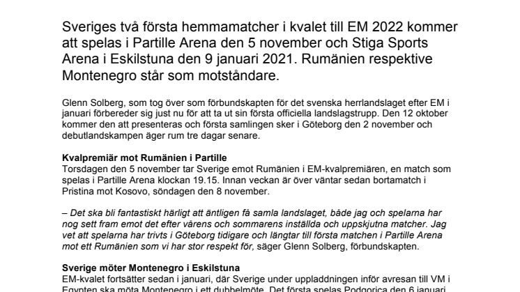 Handboll: Sveriges herrlandslag möter Montenegro i STIGA Sports Arena Eskilstuna