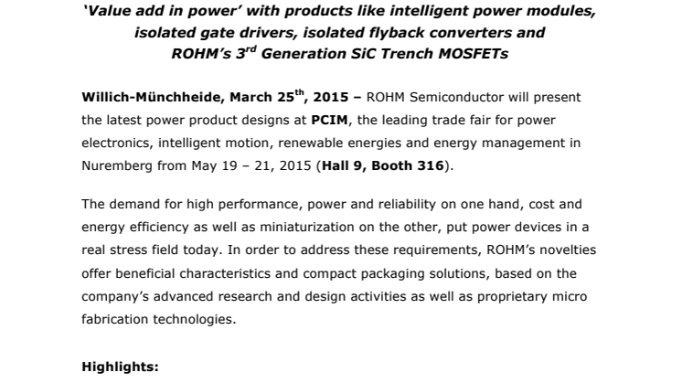 PCIM 2015: ROHM Semiconductor Presents New  Key Products for Power Management 
