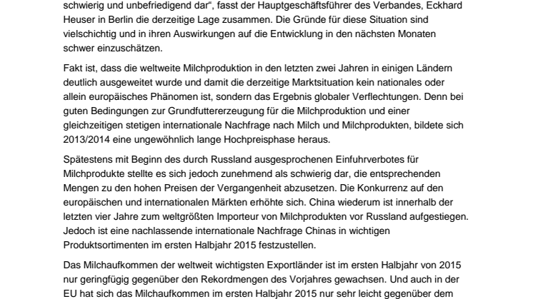 Situation am Milchmarkt weiterhin schwierig