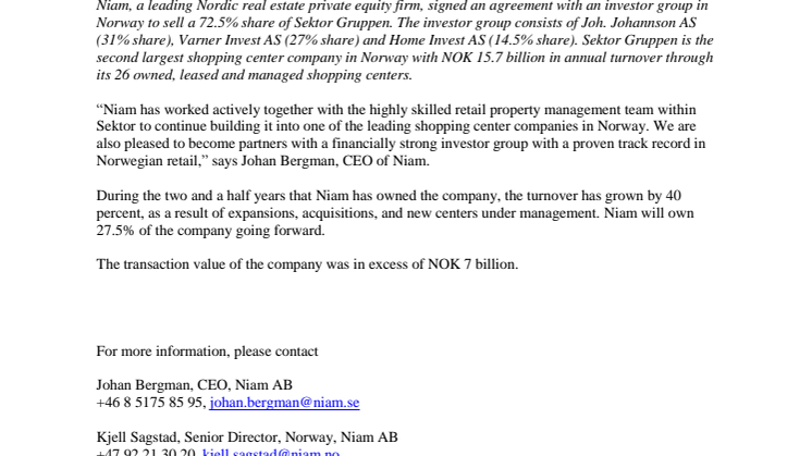 Niam sells 72.5% of Sektor Gruppen, the second largest shopping center company in Norway