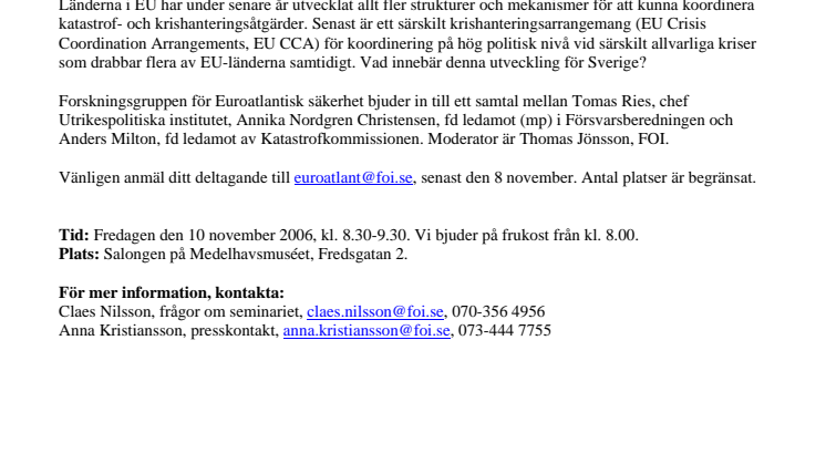 PRESSINBJUDAN: Europeisering av svensk katastrofhantering