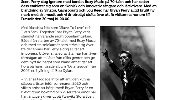 Bryan Ferry till Furuvik i maj 2020