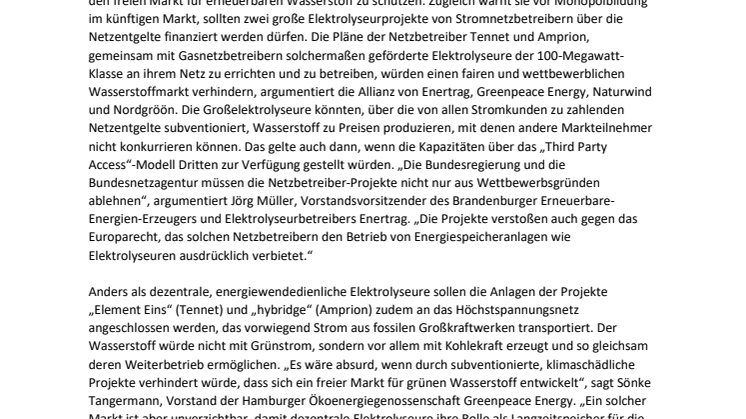 Gefahr für grünen Wasserstoffmarkt: „Bundesregierung muss drohende Monopole durch Elektrolyseurprojekte von Netzbetreibern stoppen“