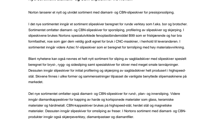Nytt sortiment diamant- og CBN-slipeskiver fra Norton