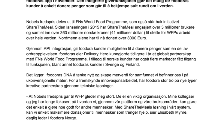 foodora i samarbeid med Nobels fredsprisvinner, FNs World Food Programme