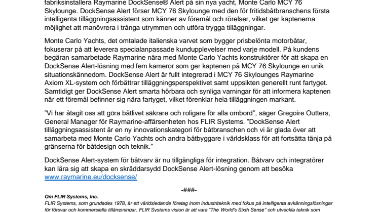 Monte Carlo Yachts blir första båtbyggaren som använder Raymarine DockSense Alert 