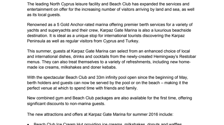 Karpaz Gate Marina: Announces New Treats and Attractions for Visitors this Summer   