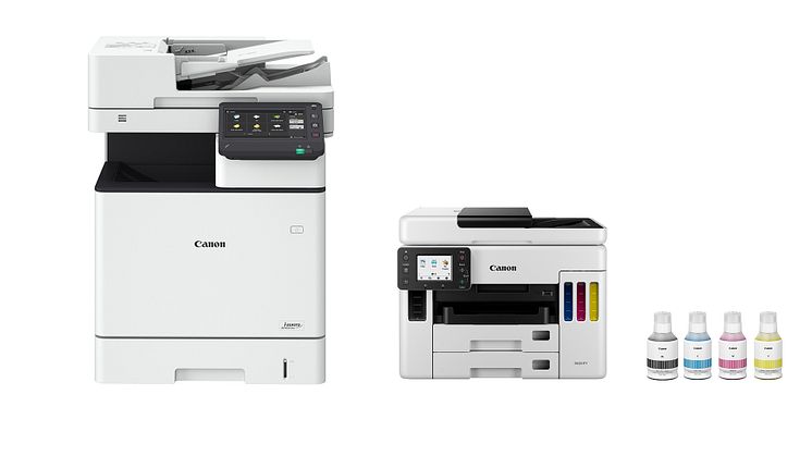 Ledorden för i-SENSYS MF832Cdw, MAXIFY GX6050 och GX7050 är produktivitet, samarbete och effektivitet. (På bilden: i-SENSYS MF832Cdw och MAXIFY GX7050)
