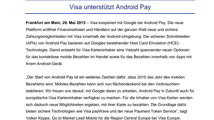 Visa unterstützt Android Pay