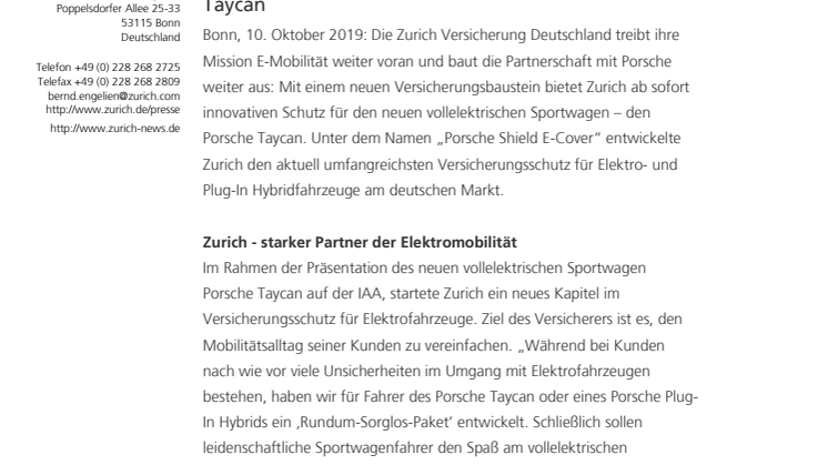 Zurich versichert ersten vollelektrischen Porsche Taycan 