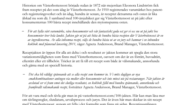 Västerbottensost fyller 100 år  – Tar hjälp av sina konsumenter i jakten på de 100 bästa recepten genom tiderna  