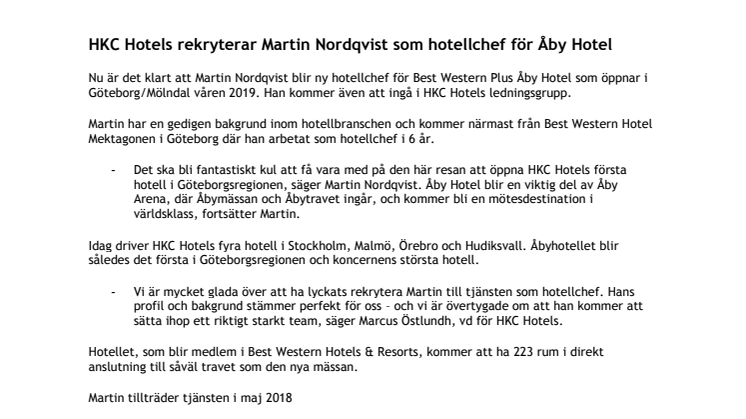 HKC Hotels rekryterar Martin Nordqvist som hotellchef för Åby Hotel