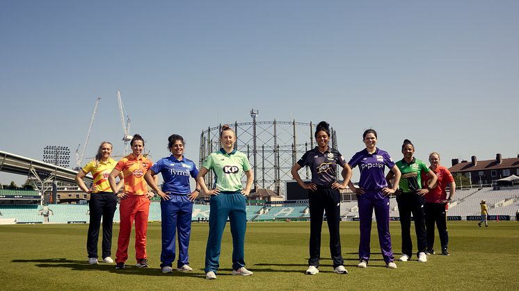 50 Days To Go. Players from all eight The Hundred teams pose together to mark 50 days to go until the competition starts.
