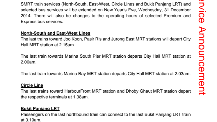 SMRT Travel Advisory for New Year’s Eve 2014