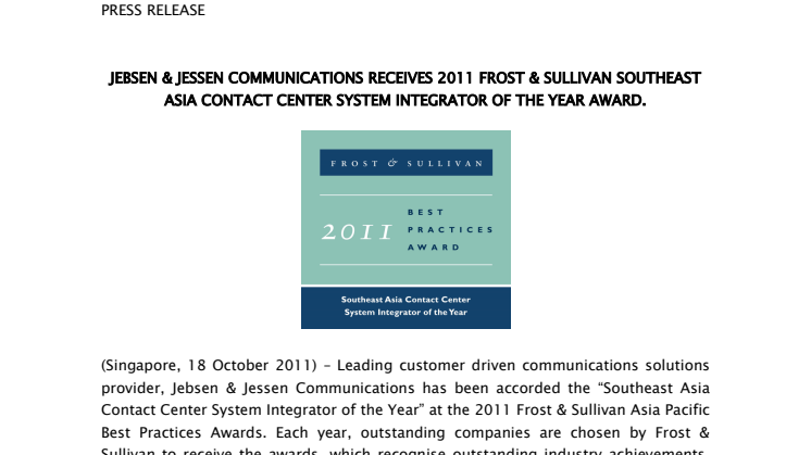 JEBSEN & JESSEN COMMUNICATIONS WINS THE FROST & SULLIVAN CONTACT CENTER SYSTEM INTEGRATOR OF THE YEAR AWARD