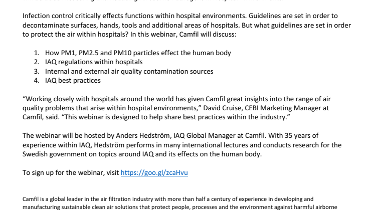 Camfil Announces February 21st Webinar: Measuring and Reducing Airborne Pathogens in Hospital Environments