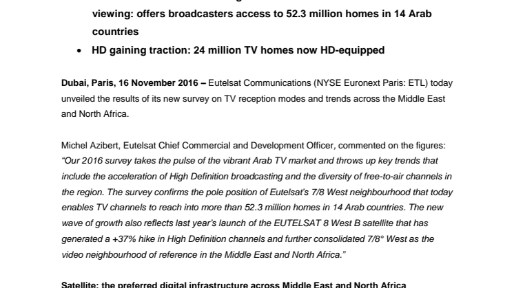Eutelsat 7/8° West video neighbourhood in pole position, serving over 52 million TV homes in Middle East and North Africa