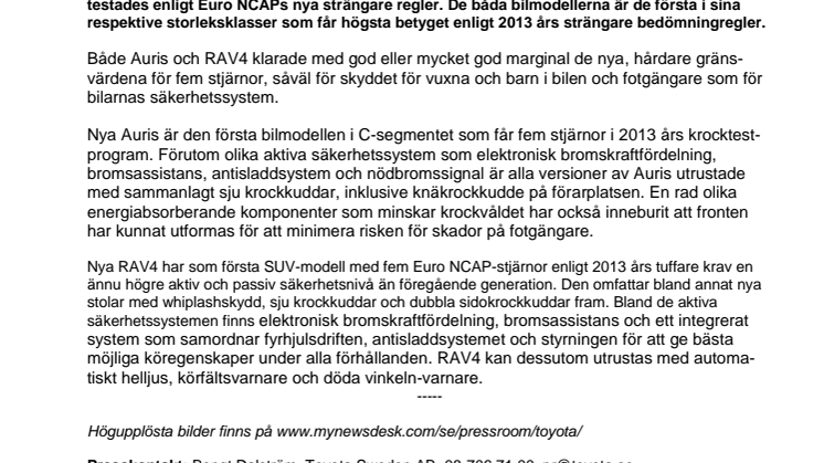 Nya Auris och RAV4 får fem stjärnor i tuffare Euro NCAP-test