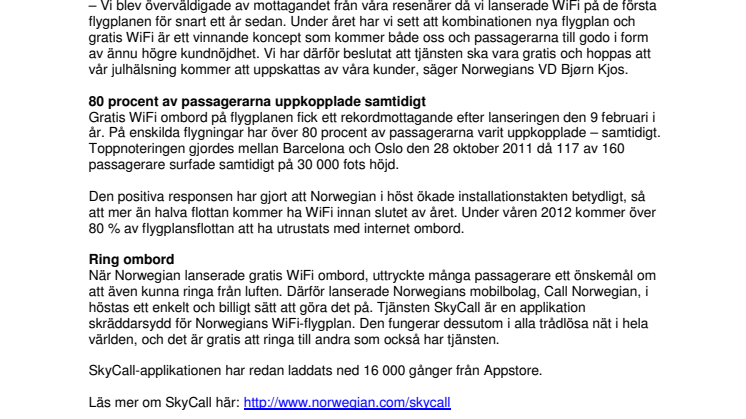 Norwegian ger passagerarna gratis WiFi i julklapp