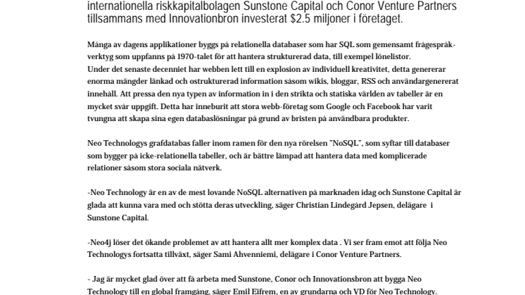 Internationella riskkapitalbolag investerar $2.5 miljoner i svenska Neo Technology - den nya generationens databaslösning