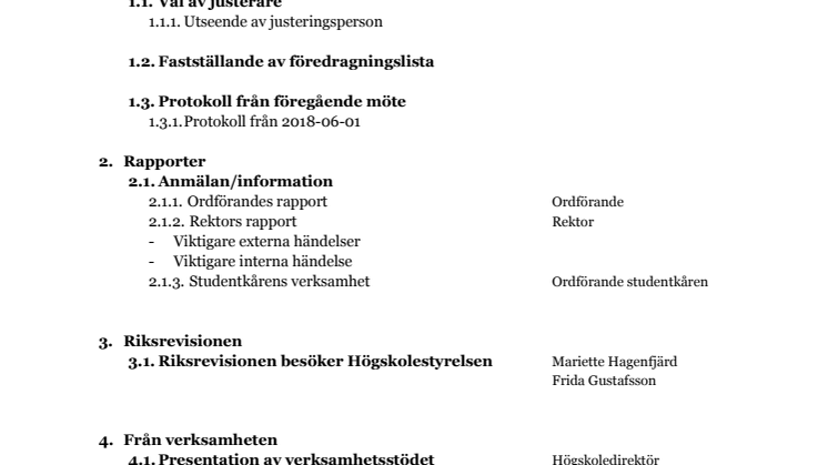 Högskolan i Skövde styrelse, föredragningslista 181004