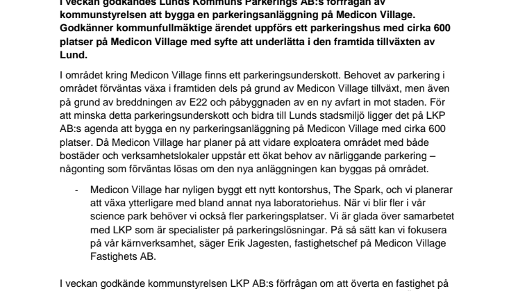 Nya parkeringsutsikter på Medicon Village