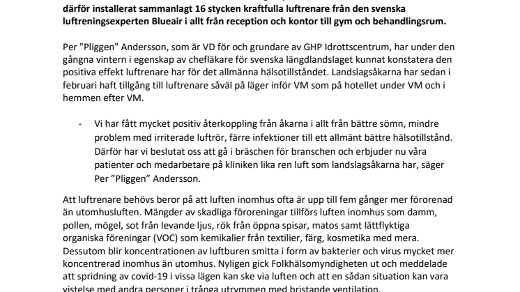 Luftrenare nyckeln för GHP Idrottscentrums satsning på hälsosam miljö för patienter och medarbetare