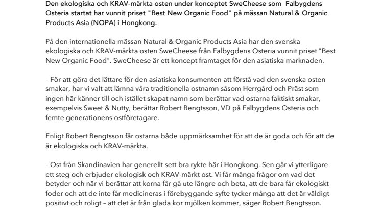 Ekologisk ost från Falbygdens Osteria vinner pris i Hongkong