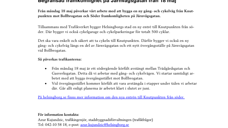 Begränsad framkomlighet på Järnvägsgatan från 18 maj