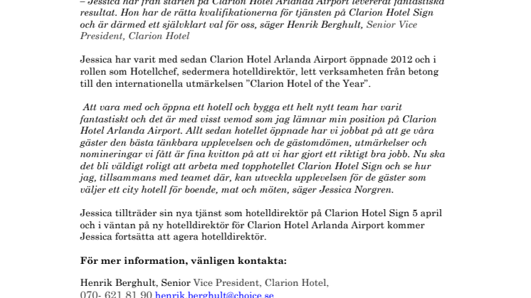 Jessica Norgren tar över Clarion Hotel Sign