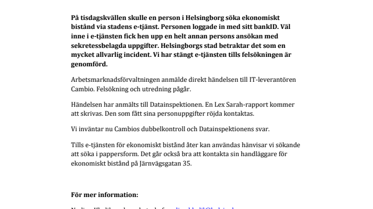 E-tjänsten för ekonomiskt bistånd stängd 